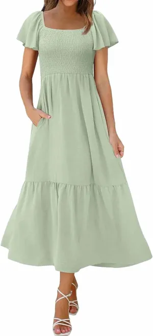 Women Summer Casual Square Neck Flutter Sleeve Boho Smocked A-Line Flowy Tiered Modest Maxi Sun Dress with Pockets