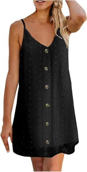 Women Summer Spaghetti Strap Button Down Dress Loose Vintage Printed Shift Dress V Neck Sleeveless Casual Mini Dress