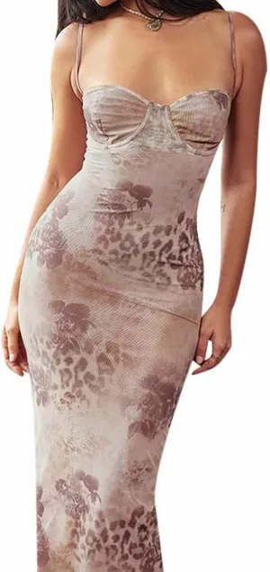 Women Vintage Chic Floral Bodycon Maxi Dress Backless Spaghetti Strap Long Dress Y2K Sexy Club Cocktails Party Dress