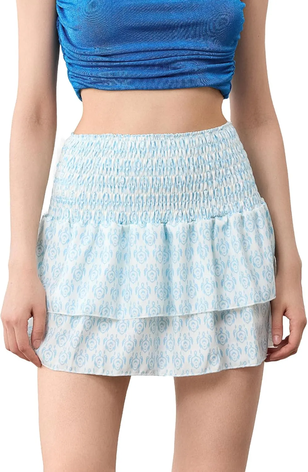 Women Y2K Floral Mini Skirts Lace Low Waist Pleated Ruffled Hem Layered Skirts Striped Beach Ruffle Short Skirts