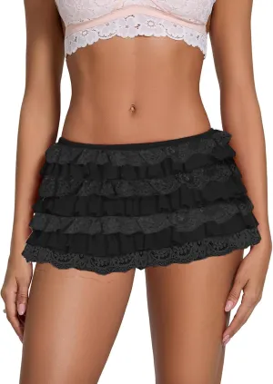 Women Y2k Girls Sexy Lace Mini Skirt Low Rise Lace Layered Pleated Skirt Half Slip Short Skirt Party Streetwear
