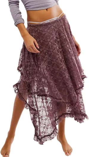 Women Y2K Lace Long Skirts Layered Hem Sheer See Through Festival Flowy A-line Maxi Skirts Boho Beach Floral Dress