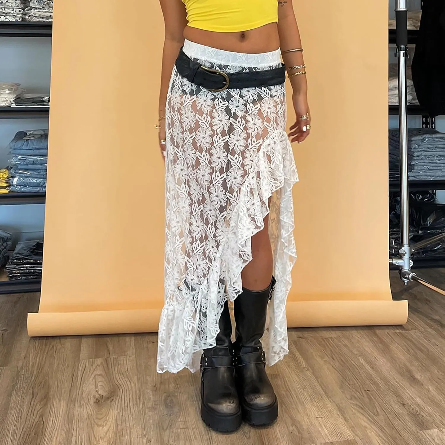 Women Y2K Lace Long Skirts Layered Hem Sheer See Through Festival Flowy A-line Maxi Skirts Boho Beach Floral Dress