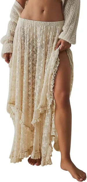 Women Y2K Lace Long Skirts Layered Hem Sheer See Through Festival Flowy A-line Maxi Skirts Boho Beach Floral Dress