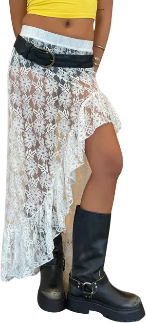 Women Y2K Lace Long Skirts Layered Hem Sheer See Through Festival Flowy A-line Maxi Skirts Boho Beach Floral Dress