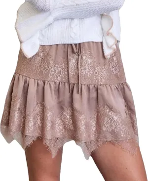 Women Y2k Lace Mini Skirts Summer Lace Slip Skirt Pleated Ruffle Floral Lace Tiered Short Skirts Underskirt