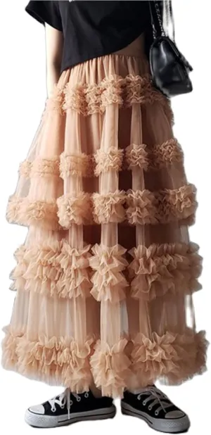 Women Y2K Tulle Tutu Skirts Elastic Waist Ruffle Layered Maxi Skirt Tiered Mesh A-Line Long Pettiskirt Cake Skirts