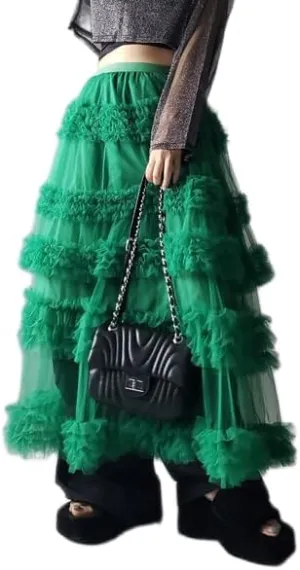 Women Y2K Tulle Tutu Skirts Elastic Waist Ruffle Layered Maxi Skirt Tiered Mesh A-Line Long Pettiskirt Cake Skirts