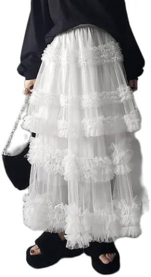 Women Y2K Tulle Tutu Skirts Elastic Waist Ruffle Layered Maxi Skirt Tiered Mesh A-Line Long Pettiskirt Cake Skirts