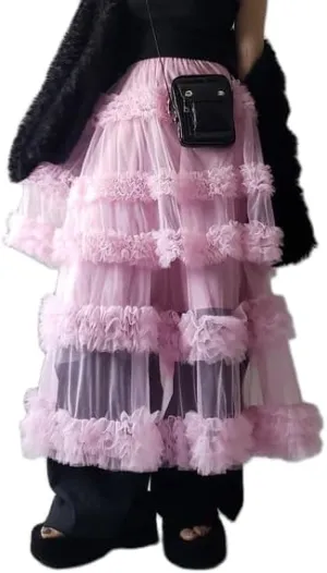 Women Y2K Tulle Tutu Skirts Elastic Waist Ruffle Layered Maxi Skirt Tiered Mesh A-Line Long Pettiskirt Cake Skirts