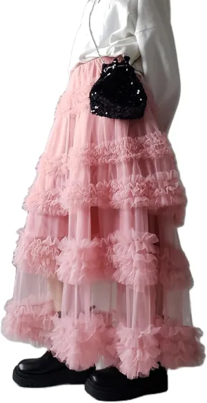Women Y2K Tulle Tutu Skirts Elastic Waist Ruffle Layered Maxi Skirt Tiered Mesh A-Line Long Pettiskirt Cake Skirts