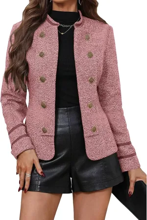 Women's 2025 Fall Winter Tweed Blazer Double Breasted Collarless Warm Elegant Crop Causal Work Office Jacket