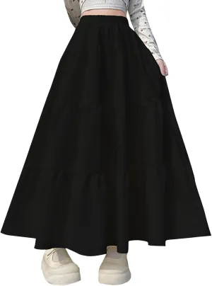 Women's 2025 Summer Boho Skirt Elastic High Waist Pleated A-Line Flowy Ruffle Swing Tiered Long Vacation Beach Skirt