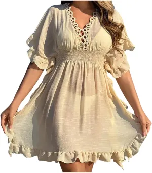 Womens Beach Cover Up 2025 Short Sleeve V Neck Summer Short Dress Bathing Suit Vacation Shift Dress