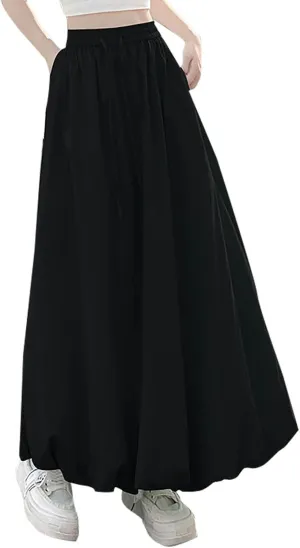 Womens Bubble Skirt Y2k Trendy Going Out High Waisted A-Line Long Skirt Ruffle Pleated Summer Casual Puff Midi Dress