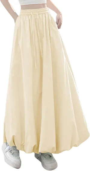 Womens Bubble Skirt Y2k Trendy Going Out High Waisted A-Line Long Skirt Ruffle Pleated Summer Casual Puff Midi Dress