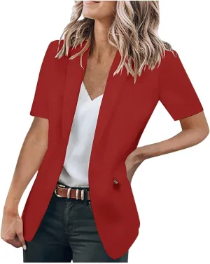 Women's Business Short Sleeve Blazer Jacket Casual Solid Open Front Tops Lapel Button Work Office Blazer Coat