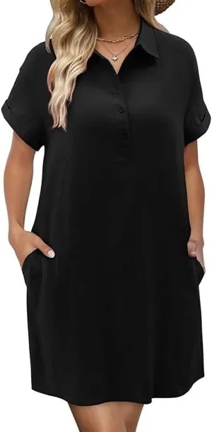 Women's Button Down Cotton Linen Shirt Dress with Pockets Summer Casual Short Sleeve Henly Shift Loose Fit Dresses