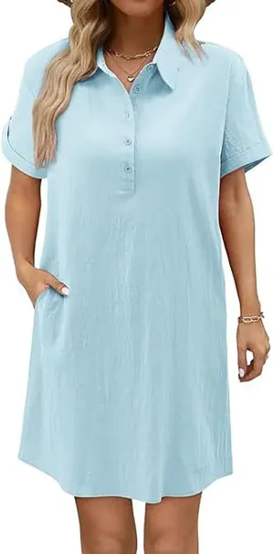 Women's Button Down Cotton Linen Shirt Dress with Pockets Summer Casual Short Sleeve Henly Shift Loose Fit Dresses