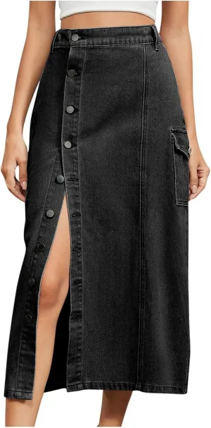 Womens Button Up Denim Skirt High Waisted Maxi Skirts A line Flare Jean Skirt Stretch Midi Dress with Pockets