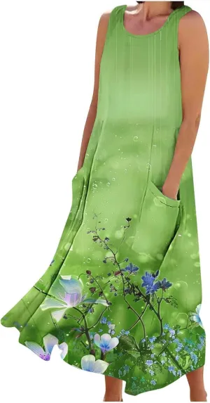 Women's Casual Summer Dresses 2024 Sleeveless Floral Dress Loose Fit Flowy Shift Dress Midi Dress