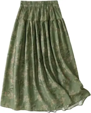 Women's Cotton Linen Skirt, Summer Boho Floral Print Flowy Midi Skirts Elastic Waist Loose Comfy Casual Skirts