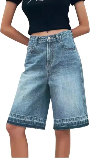 Womens Cowgirl Shorts High Cut Straight Leg Button Plain Denim Pants Loose Fall Summer Casual Shorts 2025 Trendy Y2K