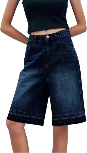 Womens Cowgirl Shorts High Cut Straight Leg Button Plain Denim Pants Loose Fall Summer Casual Shorts 2025 Trendy Y2K