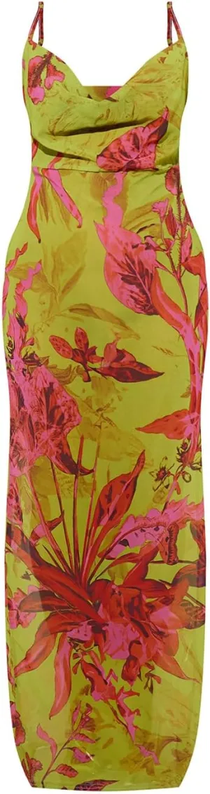 Womens Cowl Neck Dress Floral Print Backless Maxi Dresses Wedding Guest Beach Dresses