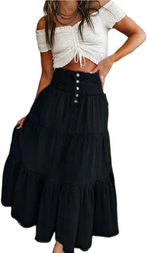 Women's Denim Skirt Solid Color High Waist Button Front Long Skirt A-line Tiered Ruffled Jeans Skirt for Streetwear