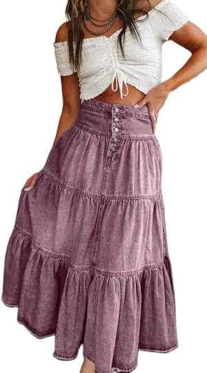 Women's Denim Skirt Solid Color High Waist Button Front Long Skirt A-line Tiered Ruffled Jeans Skirt for Streetwear