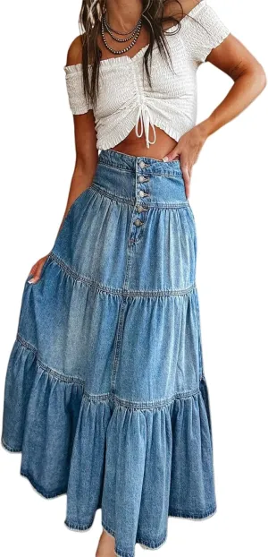Women's Denim Skirt Solid Color High Waist Button Front Long Skirt A-line Tiered Ruffled Jeans Skirt for Streetwear