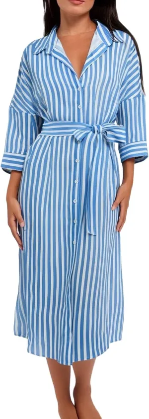 Womens Dresses Plus Size Button Down Collared 3/D Sleeve Dress Split Belted Vacation Maxi Dress Oversized Sundress