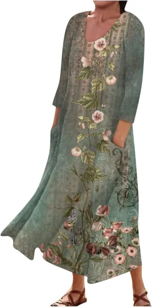 Womens Dresses Solid 3/4 Sleeve Maxi Dresses U Neck Boho Flowy Sundresses with Pocket Casual Beach Dress