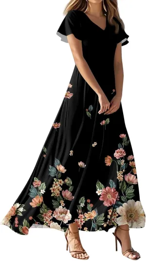 Womens Dresses Summer 2025 Fashion Midi Dress Floral Sleeve V Neck Long Flowy Boho Casual Beach Vacation Dress