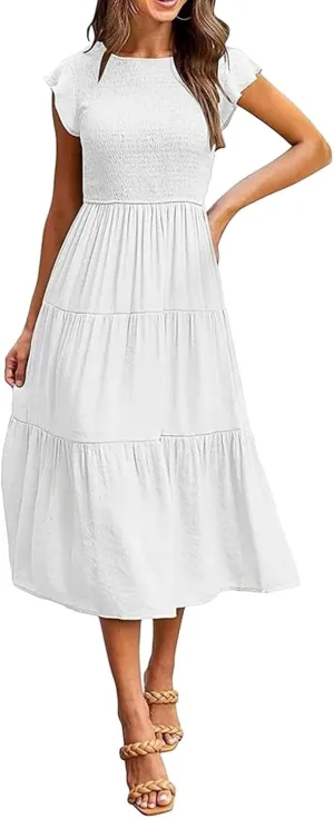 Womens Dresses Summer Casual Ruffle Short Sleeve Crew Neck Midi Dresses Elastic Waist Tiered Sundress 2025