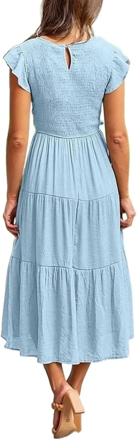 Womens Dresses Summer Casual Ruffle Short Sleeve Crew Neck Midi Dresses Elastic Waist Tiered Sundress 2025