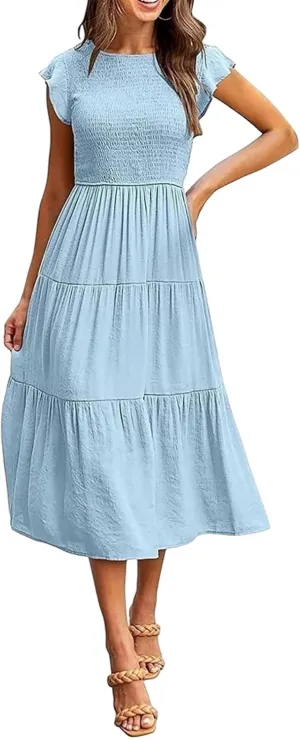 Womens Dresses Summer Casual Ruffle Short Sleeve Crew Neck Midi Dresses Elastic Waist Tiered Sundress 2025