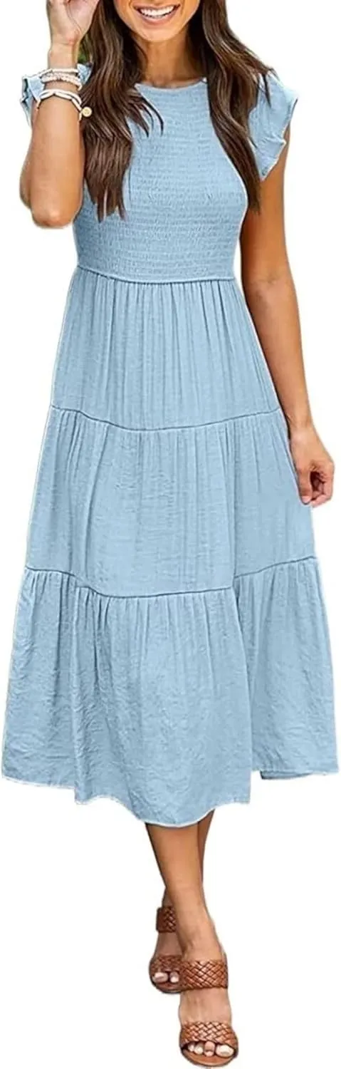 Womens Dresses Summer Casual Ruffle Short Sleeve Crew Neck Midi Dresses Elastic Waist Tiered Sundress 2025