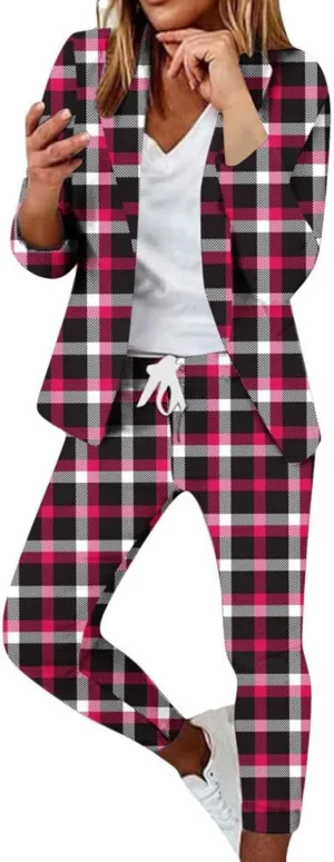 Women's Fall 2 Piece Blazer Outfits Business Casual Plaid Oversized Jacket Slim Taper Fit Work Pants Dressy Suit Set