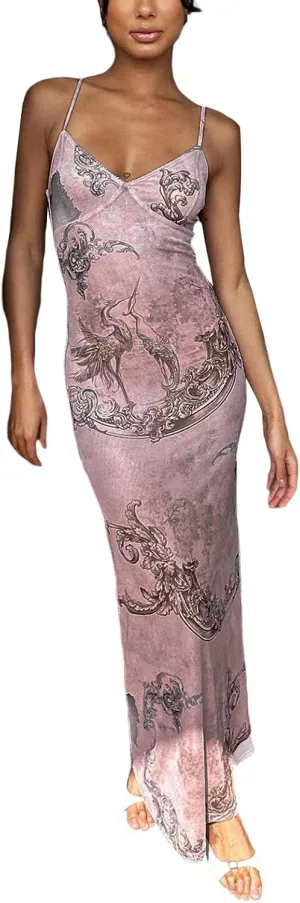 Women's Floral Cutout Bodycon Dress Lace Patchwork Spaghetti Strap Backless Maxi Dress Sexy Party Cocktail Dress