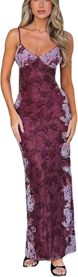 Women's Floral Cutout Bodycon Dress Lace Patchwork Spaghetti Strap Backless Maxi Dress Sexy Party Cocktail Dress