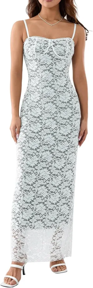 Women's Floral Cutout Bodycon Dress Lace Patchwork Spaghetti Strap Backless Maxi Dress Sexy Party Cocktail Dress