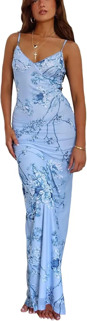 Women's Floral Cutout Bodycon Dress Lace Patchwork Spaghetti Strap Backless Maxi Dress Sexy Party Cocktail Dress