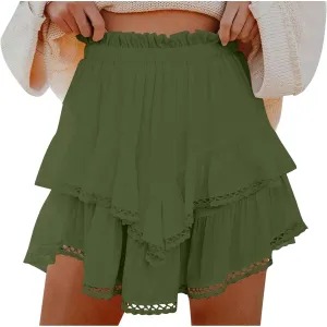 Women's Flowy Shorts High Waist Pleated Mini Skirts Casual Boho Ruffle Tiered Skorts Cute Comfort Cotton Shorts