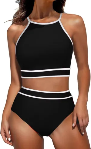 Women's High Waisted Bikini Sets Sporty Two Piece Swimsuits Color Block Cheeky High Cut Bathing Suits Swimwear
