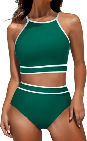 Women's High Waisted Bikini Sets Sporty Two Piece Swimsuits Color Block Cheeky High Cut Bathing Suits Swimwear