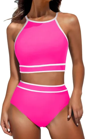 Women's High Waisted Bikini Sets Sporty Two Piece Swimsuits Color Block Cheeky High Cut Bathing Suits Swimwear