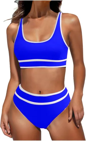 Women's High Waisted Bikini Sets Sporty Two Piece Swimsuits Color Block Cheeky High Cut Bathing Suits Swimwear