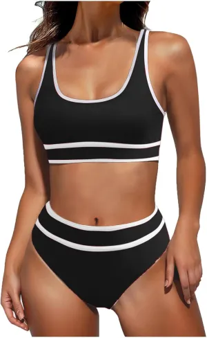 Women's High Waisted Bikini Sets Sporty Two Piece Swimsuits Color Block Cheeky High Cut Bathing Suits Swimwear